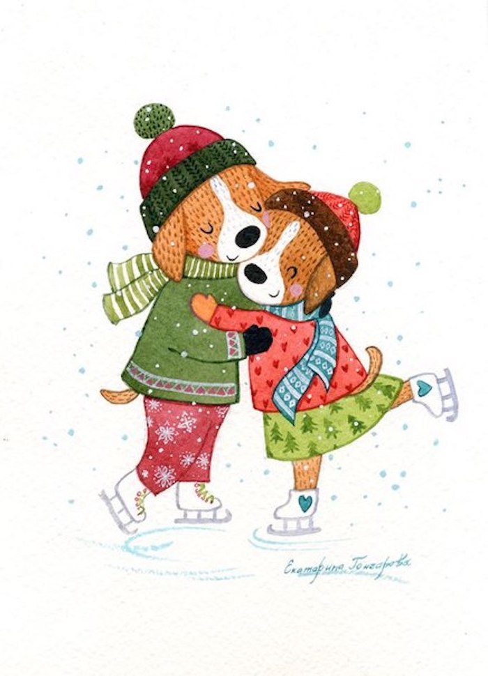 Süßes weihnachtliches Bild zum Nachmalen, zwei Hunde mit Mützen und Schals fahren Schlittschuhe 