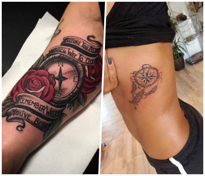 maritime tattoos für frauen, rote rosen, kleiner traumfänger an der kärperseite