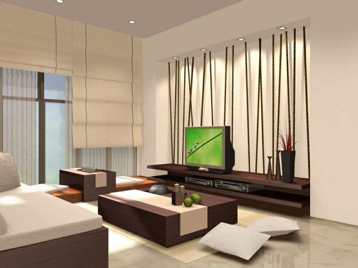 Wohnzimmer Ideen für kleine Räume, ein Wohnzimmer nach Feng Shui, Bambus Wand, brauner Tisch