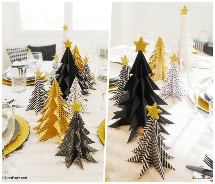 tischdeko zu weihnachtn in weiß, gold und schwarz, origami weihnachtsbaum, sterne