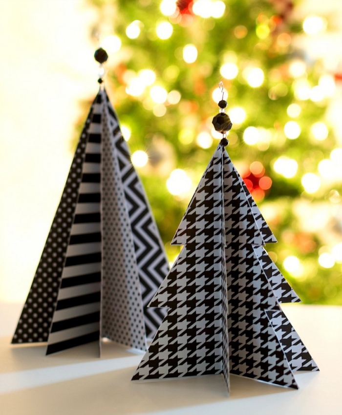 christbaumschmuck aus papier, origami weihnachtsbaum machen, geometrische motive
