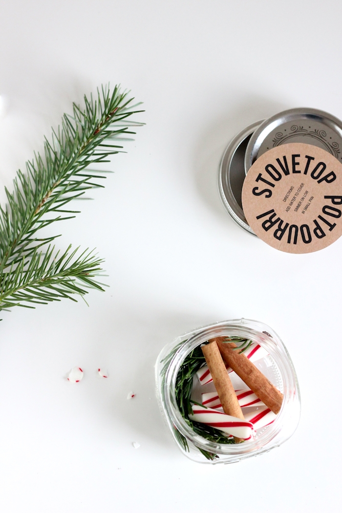Tannenzweige, Zimt und Zuckerstangen in Einmachglas, kleines originelles Geschenk zu Weihnachten 