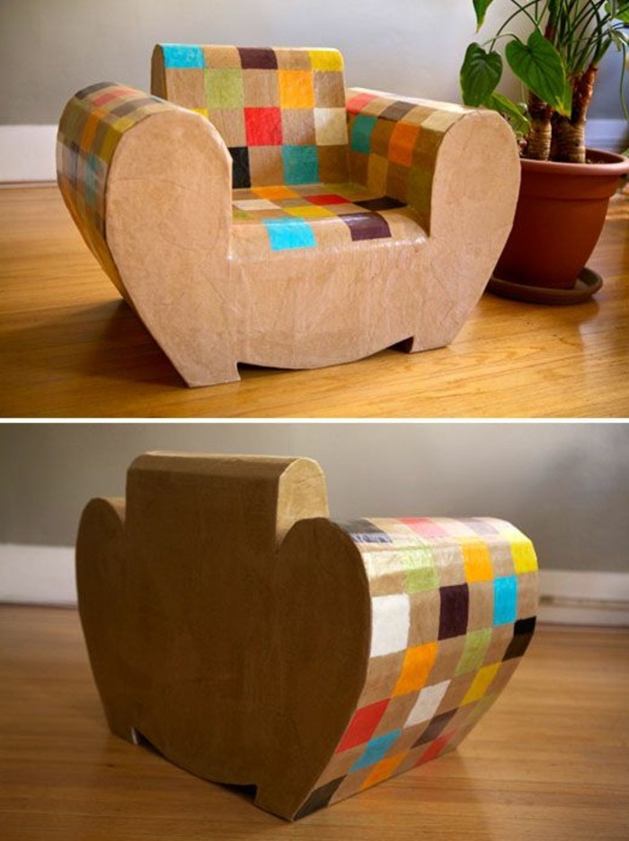 bett pappe designer ideen für günstige möbelstücke, sessel in bunten farben, quadratische deko