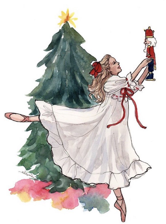 Schönes weihnachtliches Bild, Szene aus "Der Nussknacker", Clara vor dem Weihnachtsbaum 