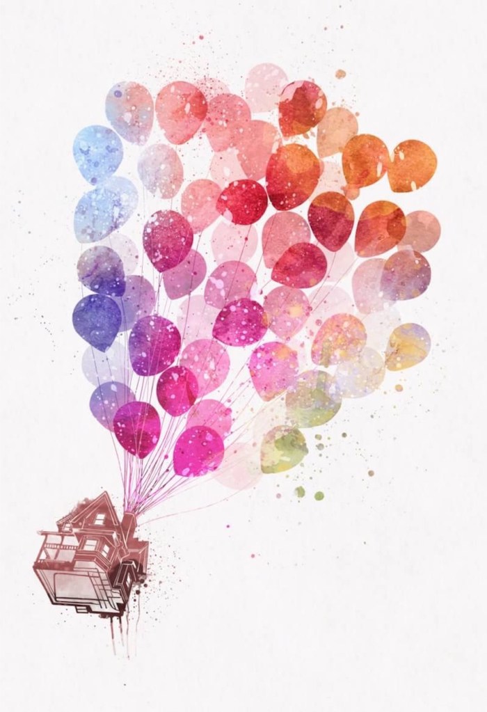 Fliegendes Haus mit vielen bunten Ballons zeichnen, schönes Bild zum Nachzeichnen für Anfänger 