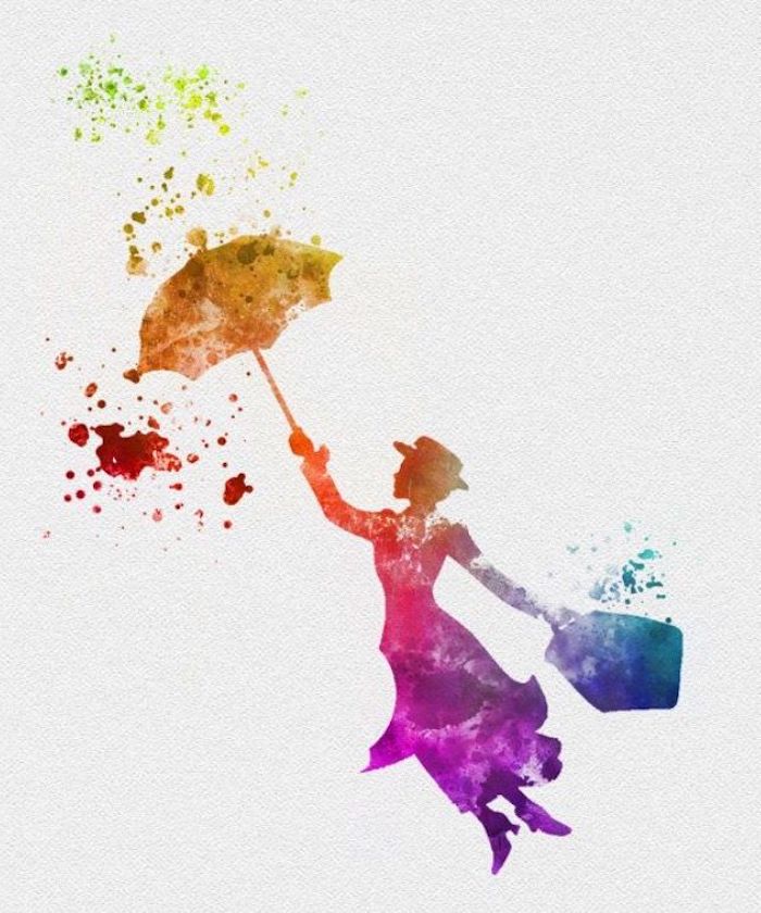 Mary Poppins Silhouette mit Pastellfarben zeichnen, mit dem legänderen Regenschirm 