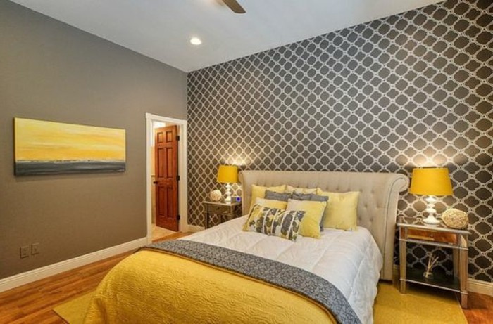 grautöne in dem schlafzimmer, grau gelb und weiß kombinieren, stehlampen, deko ideen in gelb