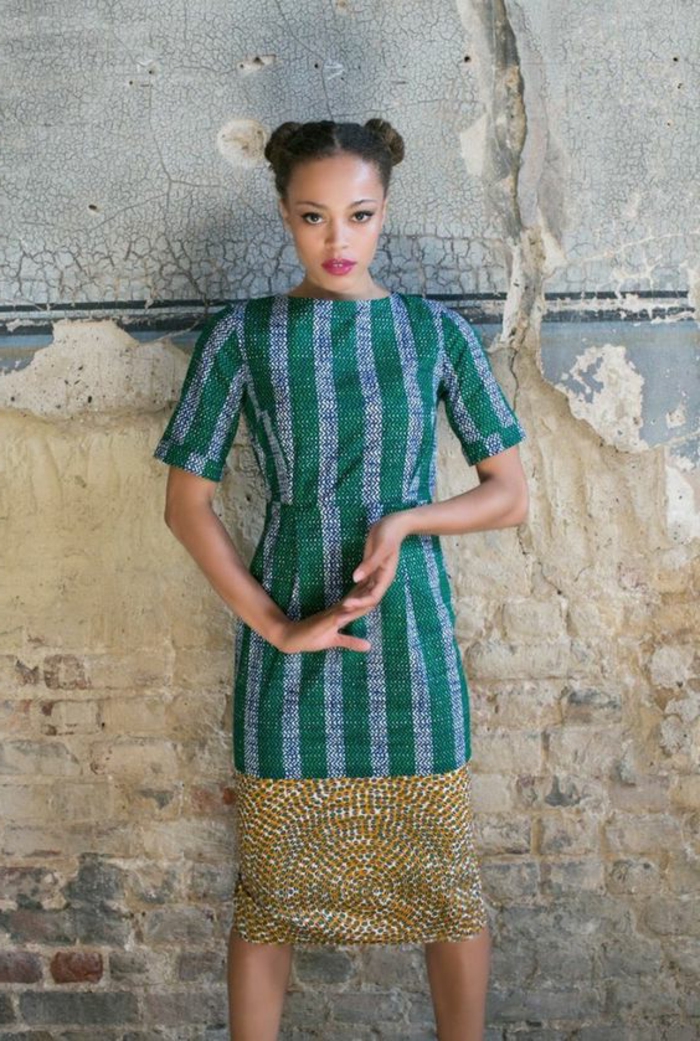 frauen outfits ideen zum alltäglichen stil vom afrika beeinflusst, grün und blau