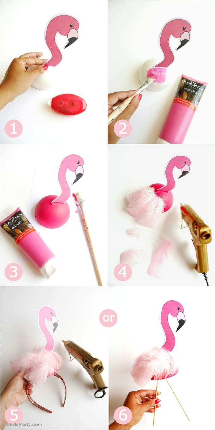 eine Bastelanleitung, wie Sie die Flamingos selber machen können mit Heißpistol und rosa Farbe
