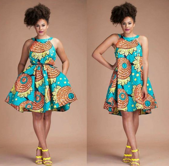 holländische stoffe online, bunter stoff aus dem ein schönes kleid gekreiert wird, blau, gelb, orange, gelbe schuhe