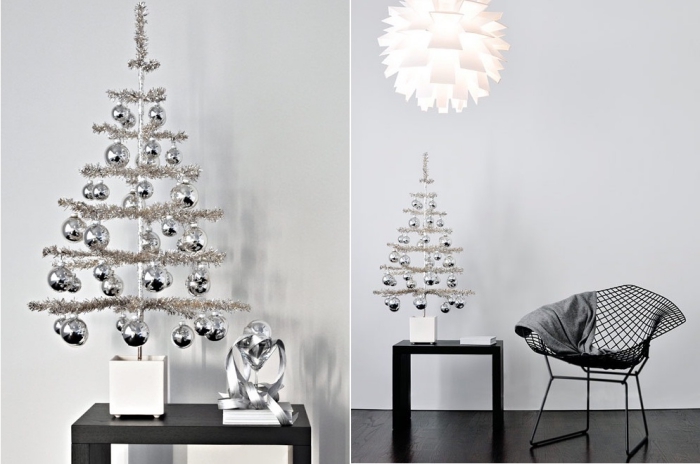 alternativer tannenbaum basteln, silberne weihnachtskugeln, weißer lampenschirm, girlande