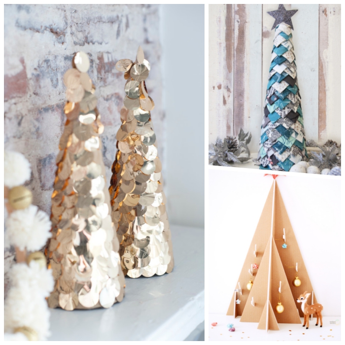 tannenbaum falten aus halbkreis, goldene pailetten, kegel aus papier, alternative weihnachtsbäume