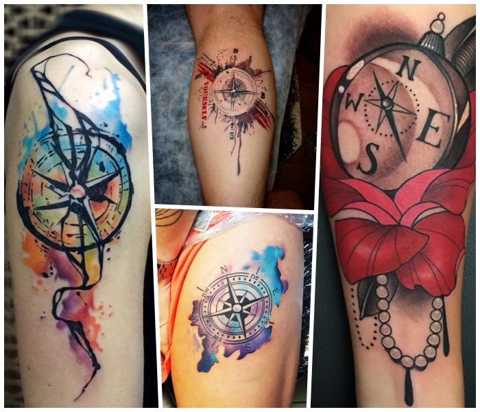 tattoo bedeutung, rote blume in kombination mit perlenkette und kompass, watercolour