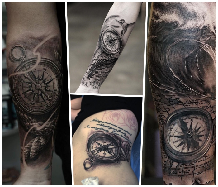 tattoo kompass, realitische tätowierungen, große wasserwelle, maritime motive