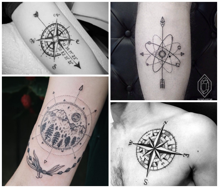 detailliertes tattoo feil mit koordinaten und kompass, mann mit tätowierung an der brust