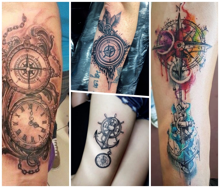 tattoo taschenuhr und kompass, anker in kombination mit steuerrad, wasserfarben