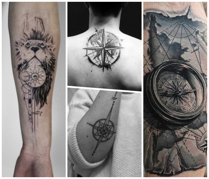 tattoo weltkarte, löwenkopf mit kompass, tätowierung mit geometrischen motiven
