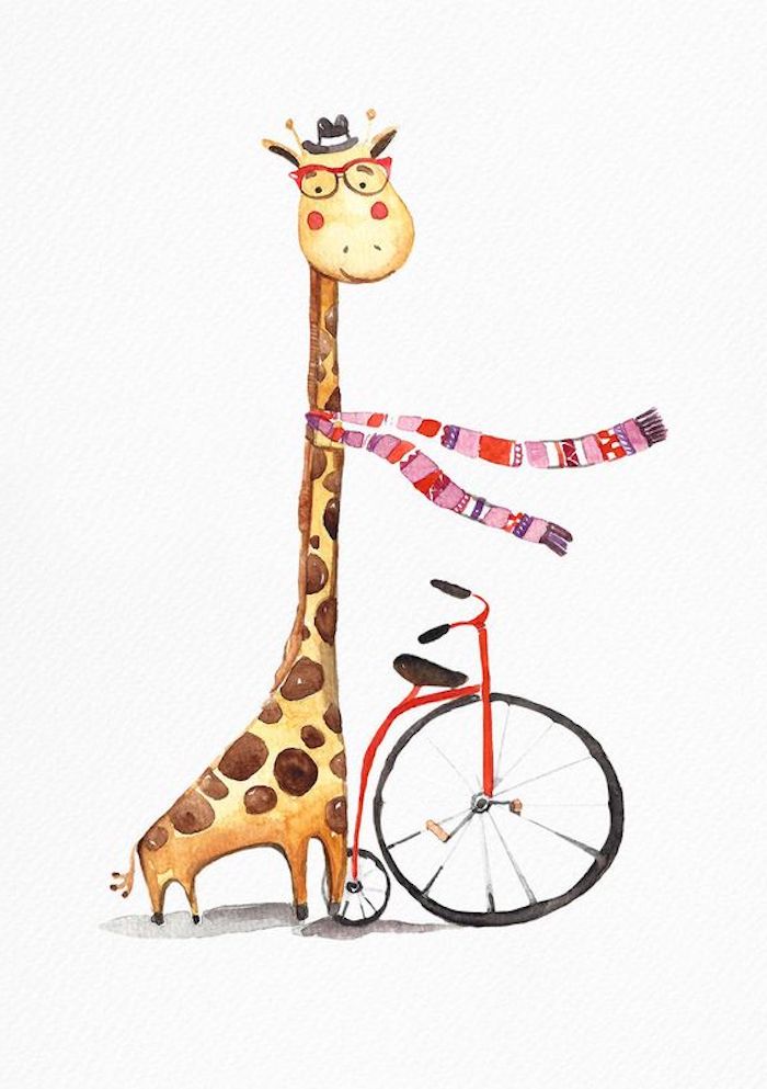 Süßes Bild zum Nachzeichnen, Giraffe mit Schal, Hut und Brille fährt Rad, Zeichnungen für Anfänger 