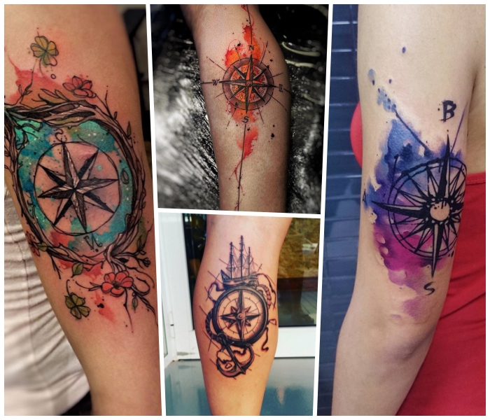 wasserfarben tattoo kompass, anker und schiff, kleine blüten, maritime motive