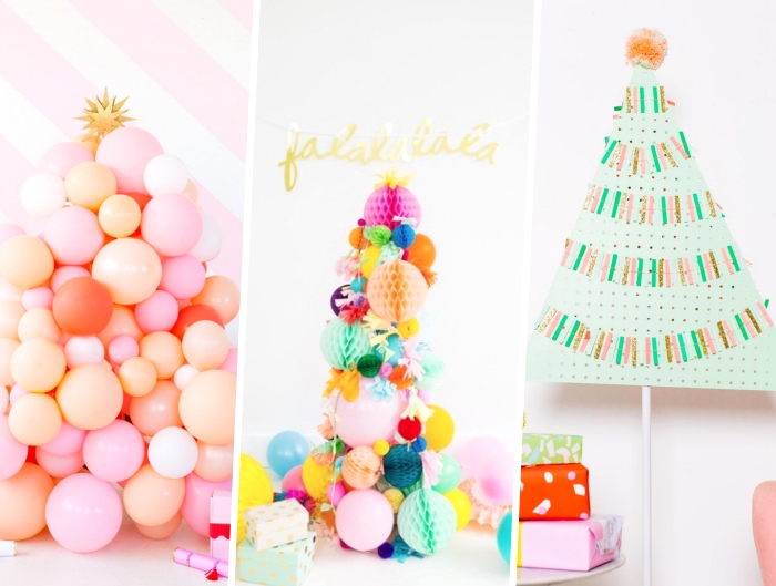 weihnachtsdeko basteln, selbstgemachte tannenbäume, viele luftballons, bunte wabenbälle