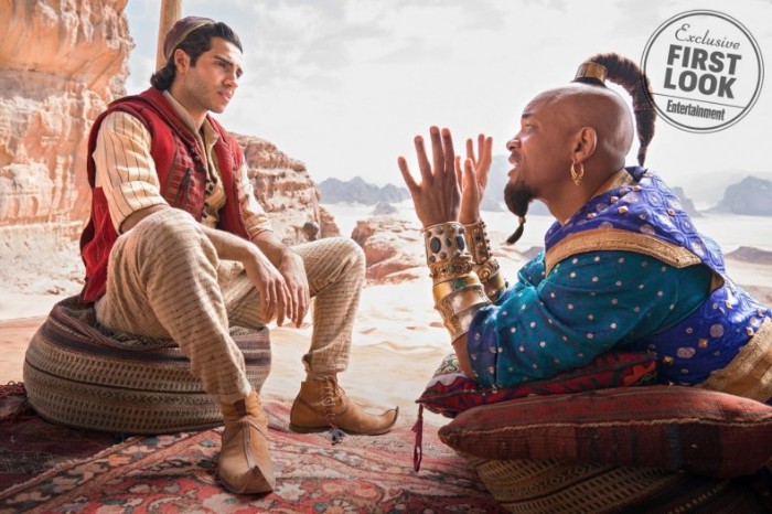 aladdin, schauspieler will smith als dschinni flaschengeist, die wüste und kleine steine