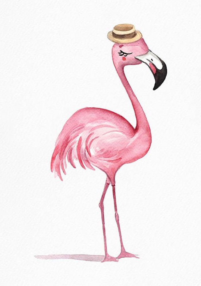 Einfaches Bild zum Nachzeichnen, Flamingo mit Hut zeichnen, Zeichnung für Anfänger 