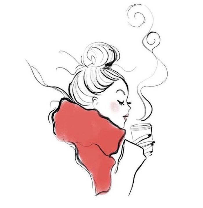Wie zeichnet man Frau im Profil, Frau mit Dutt Frisur und rotem Schal trinkt heißen Kaffee 