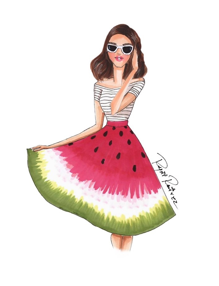 Frau mit sommerlichem Outfit und Sonnenbrille zeichnen lernen, weiter Rock als Wassermelone, gestreiftes Top