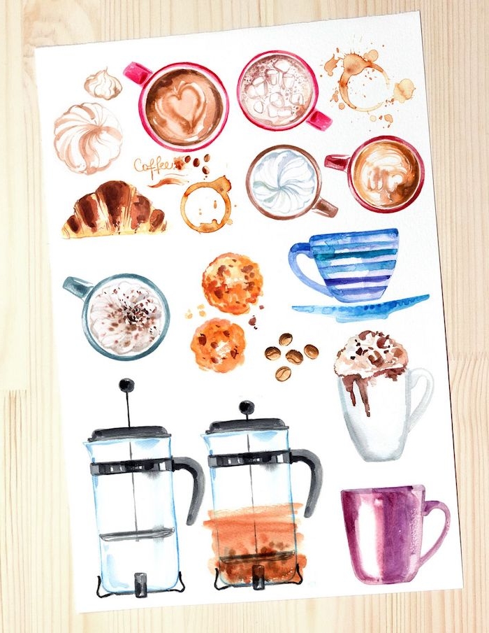 Coole Bilder zum Nachzeichnen, heiße Getränke mit Wasserfarben malen, Kaffee Cappuccino und heiße Schokolade 