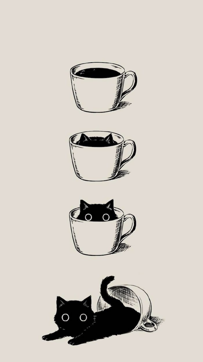 Schwarze Katze in weißer Tasse, vier Schritte, einfache Zeichnungen für Anfänger, coole Bilder zum Nachmalen 