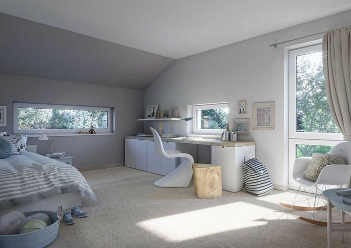 ein Jugendzimmer mit beigem Teppich, ein Schreibtisch mit modernem Stuhl, Architekturpsychologie