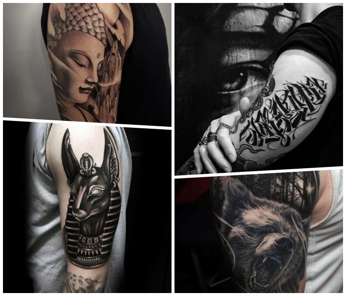 arm tattoos, beliebte designs, 3d tätowierung mit buddha als motiv, bär
