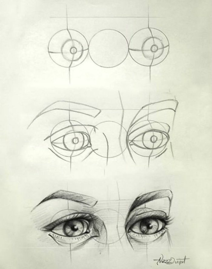 eine Anleitung, wie Sie die Augen eines Mädchen selber zeichnen in drei Schritten mit Konturen