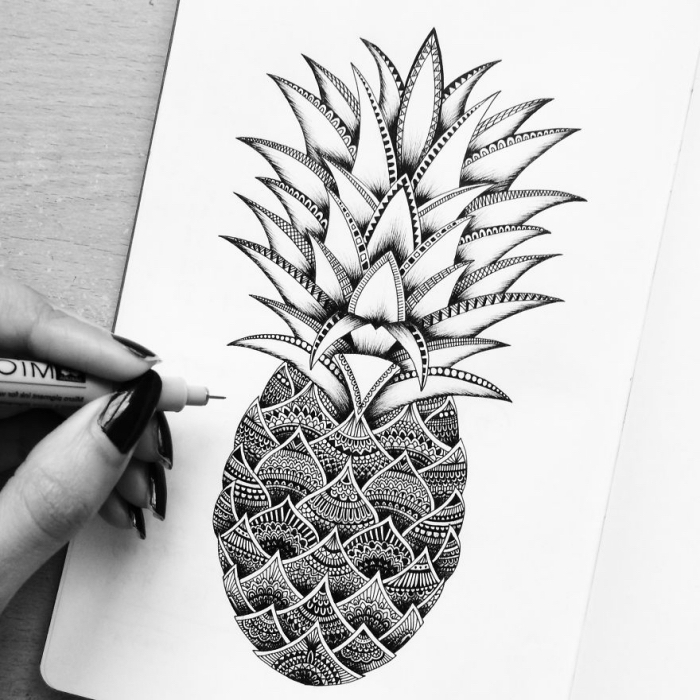 bilder zum nachzeichnen, ananas mit geometrischen elementen, schwazer kugelschreiber