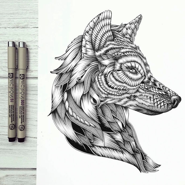 bilder zum nachzeichnen, blatt papier, detaillierter wolfkopf, wölfin zeichnen
