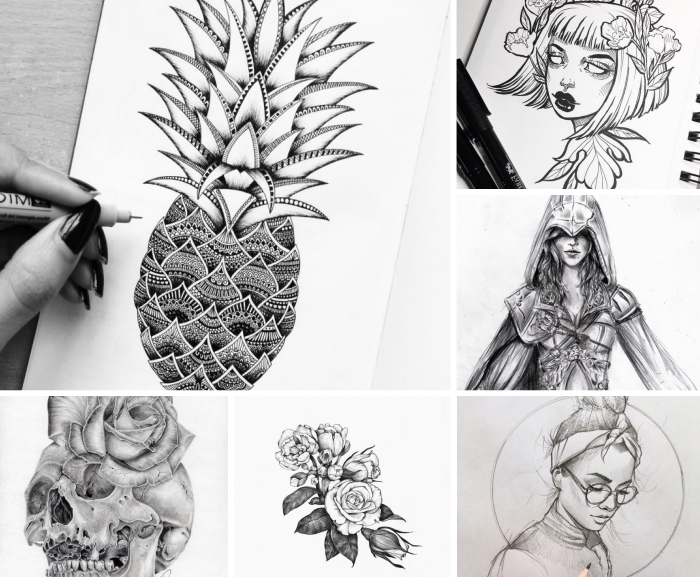 bilder zum zeichnen, totenkopf mit rose, ananas mit geometrischen elementen, assassin frau, schulterllange haare, mädchen mit bandana