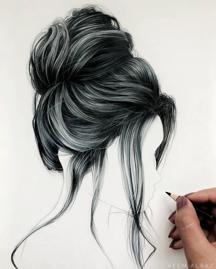 bilder zum zeichnen, wie zeichnet man haare, lockere hochsteckfrisur, strähnen