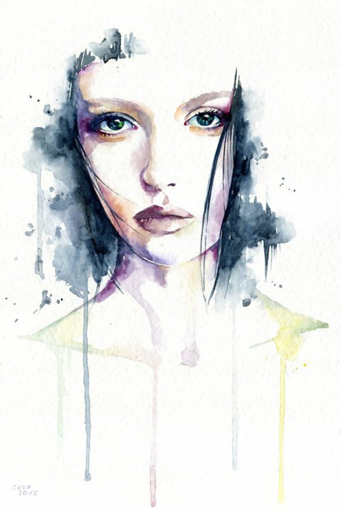 ein Mädchen gezeichnet mit Wasserfarben, blaue Haare, blaue Augen und rosa Lippen, die Farben gießen aus