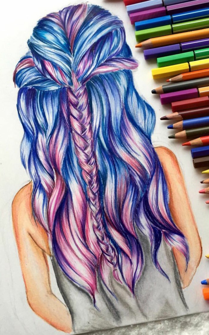ein Mädchen gezeichnet mit blauen und lila Haar, ein Zopf in der beiden Farben, weiße Bluse, nackte Arme