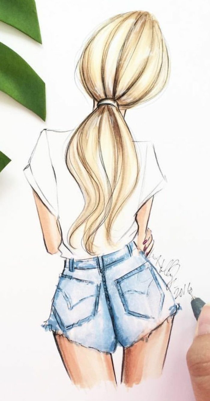 ein blondes Mädchen mit gebundenem Haar, ein weißes Hemd und Denim Shorts, Mädchen gezeichnet