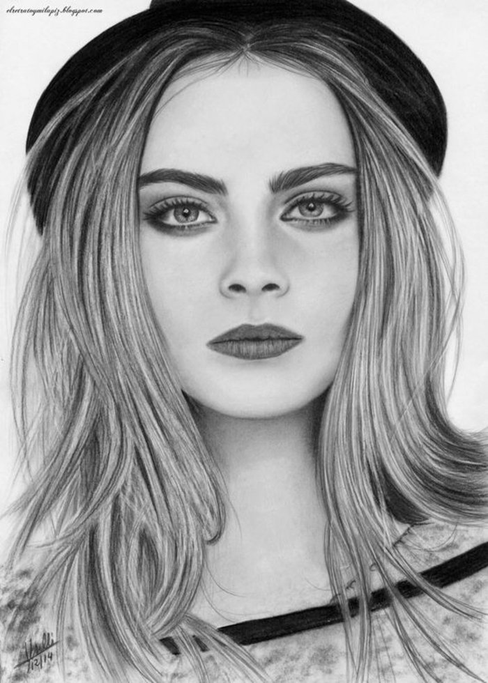 ein modernes Mädchen mit Hut in schwarzer Farbe, die Zeichnung sieht wie Foto aus, Mädchen gezeichnet