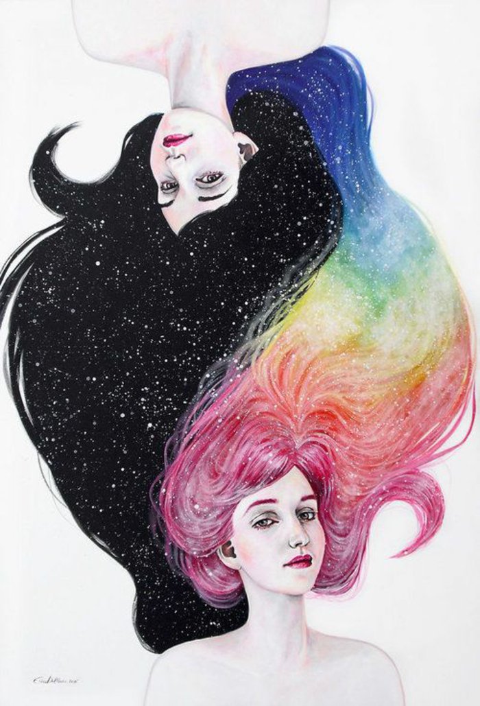 zwei Mädchen gezeichnet mit Haaren wie der nächtlichen Himmel und ein Regenbogen