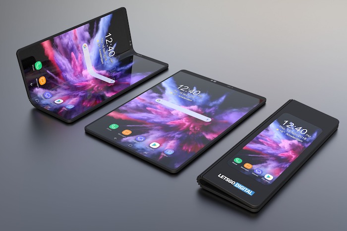 drei kleine und große, schwarze und faltete smartphones mit violetten bildschirmen, ein gefaltetes smartphone