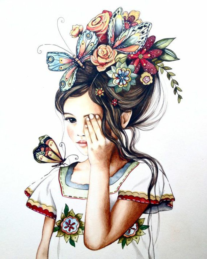 eine Mädchen Zeichnung, ein Mädchen mit Schmetterlinge und Blumen im Haar, und eine weiße Bluse mit Blumenmuster