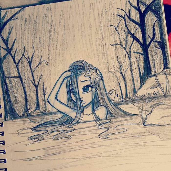 ein Mädchen, das Meerjungfrau mit langem Haar ist, schwimmt in einem Fluss, coole Bilder zeichnen