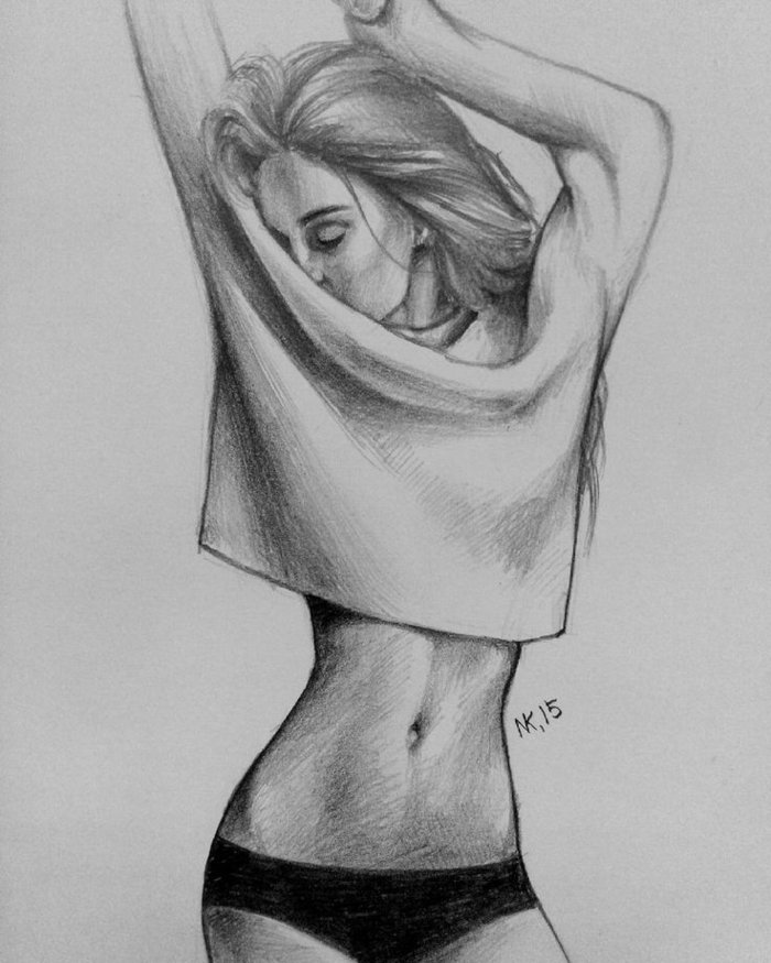 ein Mädchen mit weißer Bluse und schwarzem Höschen, sie tanzt, Mädchen Zeichnung von schlankem Mädchen