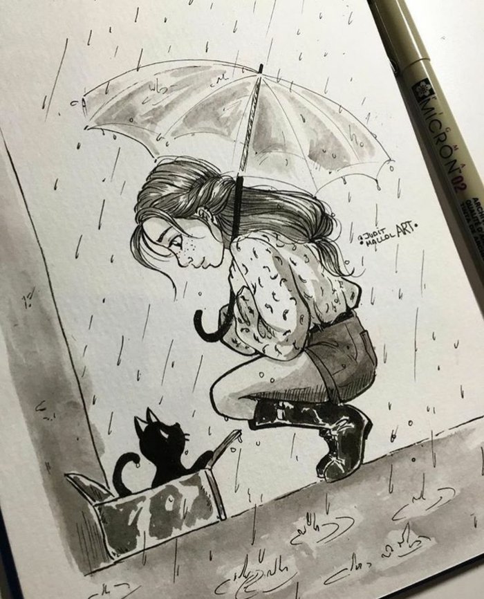 ein Mädchen steht im Regen, sie hat eine verlassene schwarze Katze entdeckt und hat Mitleid mit ihr, Mädchen zeichnen