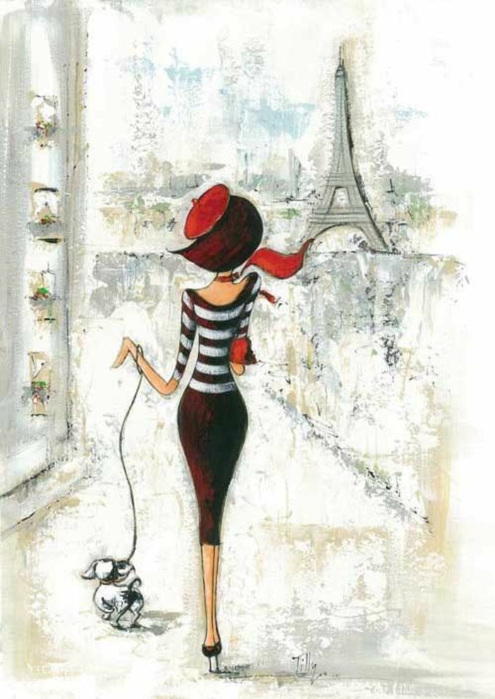 ein Mädchen in gestreifter Bluse und ein brauner Rock, führt ein Hündchen in Paris, Mädchen Zeichnung