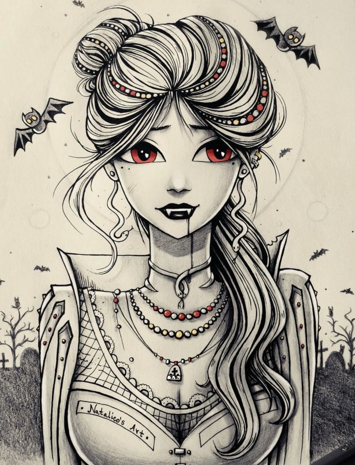 Mädchen Zeichnung von einem Vampire, Mädchen mit roten Augen und schwarzem Lippen