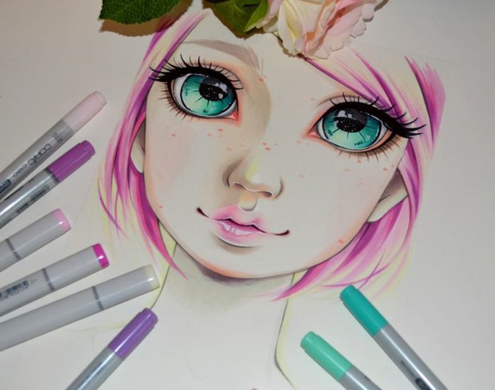 ein Mädchen mit rosa Haare und große blaue Augen und rosa Lippenstift, Mädchen Zeichnung